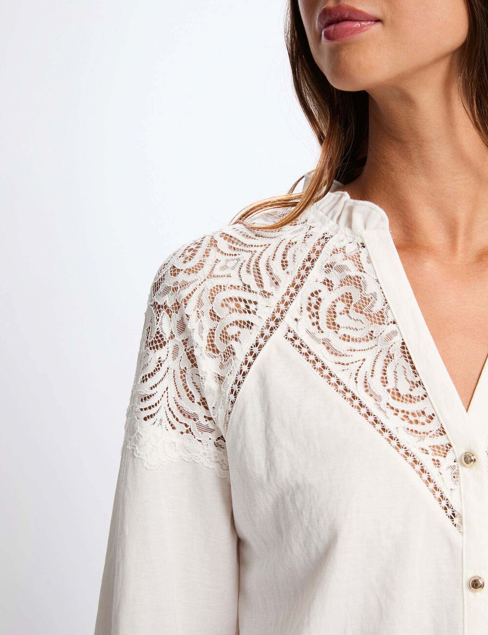 Kant T-shirt met V-hals helder wit vrouw