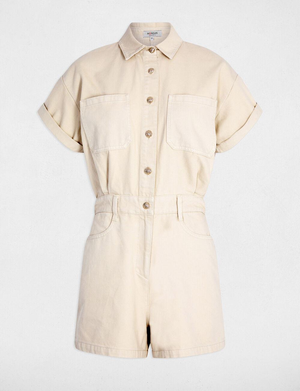 Getailleerde denim jumpshort licht beige vrouw