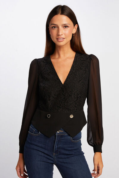 Blouse manches longues à dentelle noir femme
