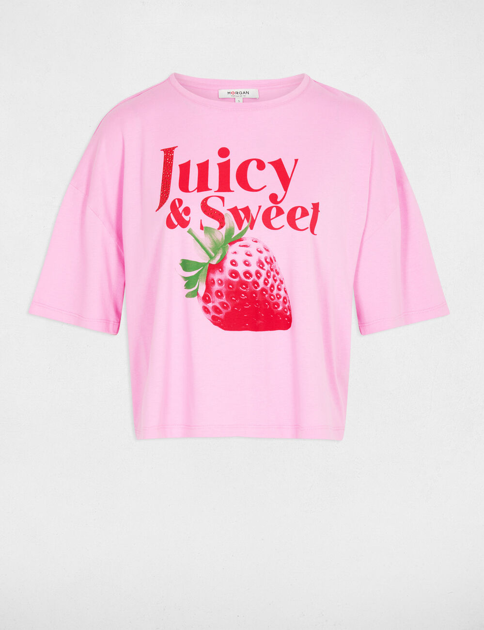 T-shirt cropped imprim&eacute; rose femme