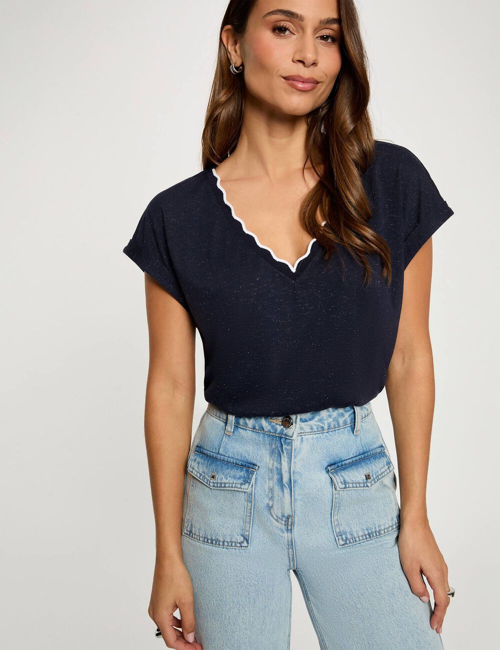 V-hals T-shirt met korte mouwen marineblauw vrouw