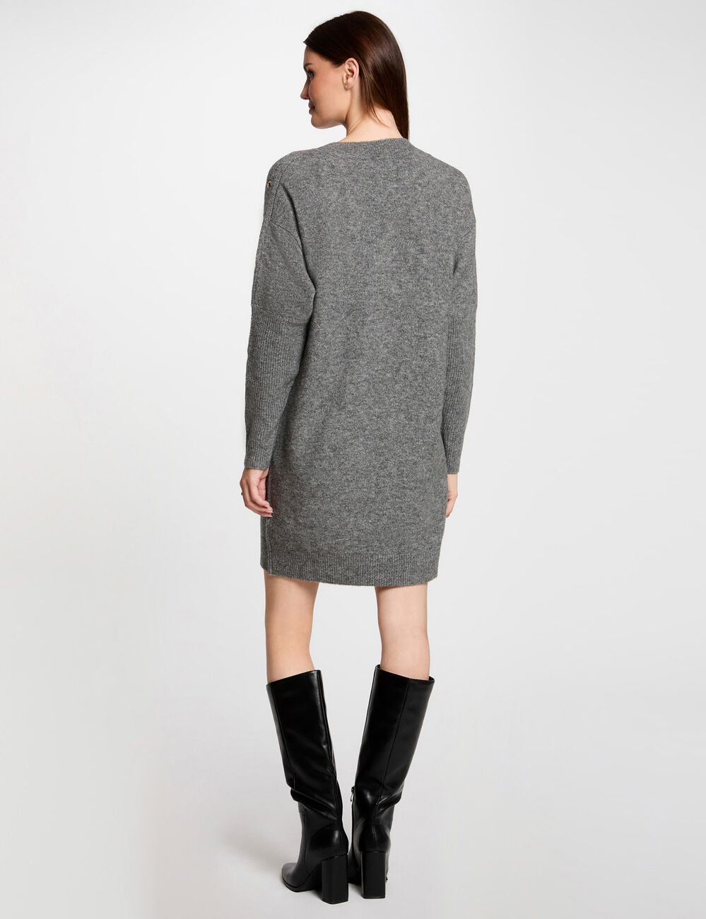 Rechte tricot jurk met oogjes antracietgrijs vrouw