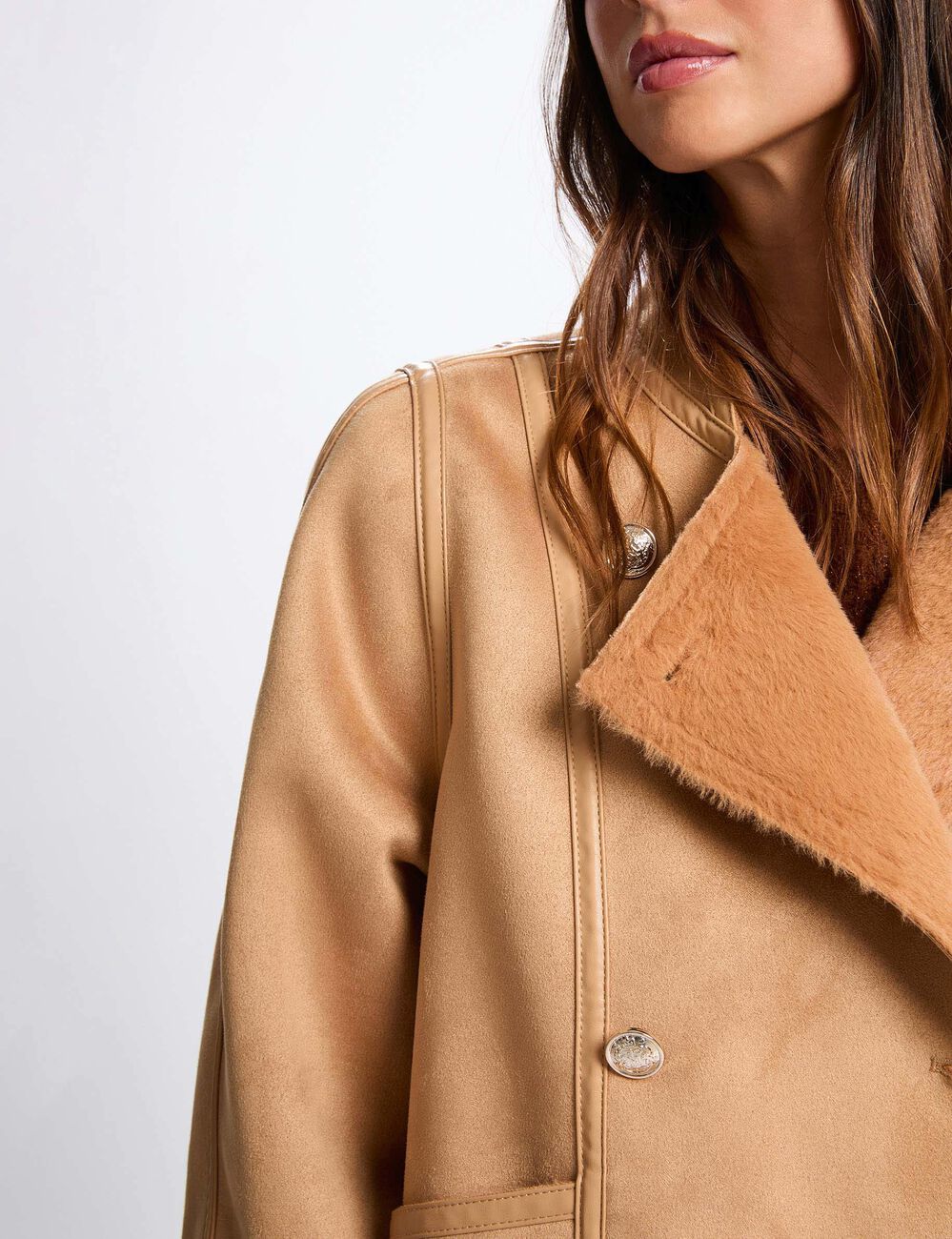 Veste courte peau lainée marron cognac femme