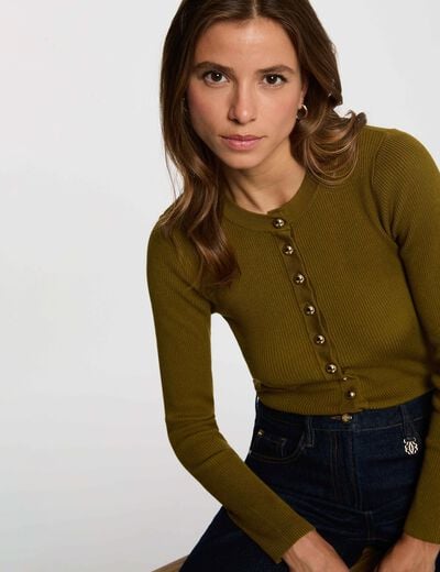 Pull cintr&eacute; col rond vert olive femme