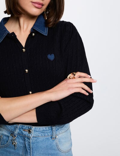 Trui met reverskraag en knopen marineblauw vrouw