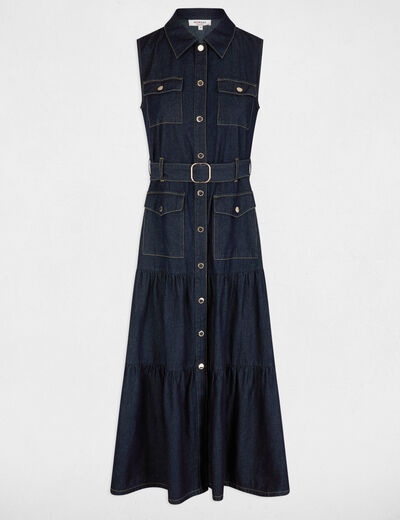 Lange rechte denim jurk ruw denim vrouw