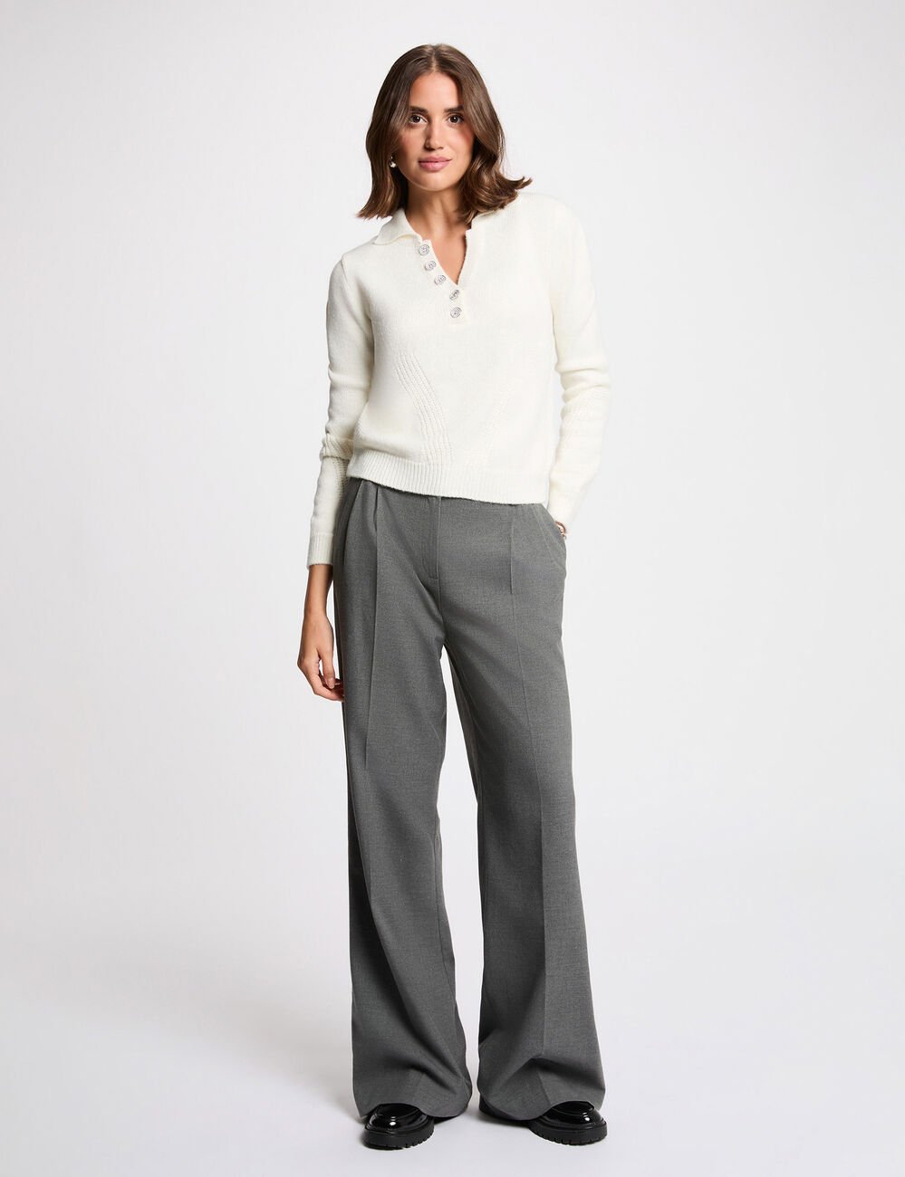 Pull col revers blanc femme