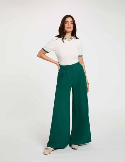 Pantalon large taille haute vert femme