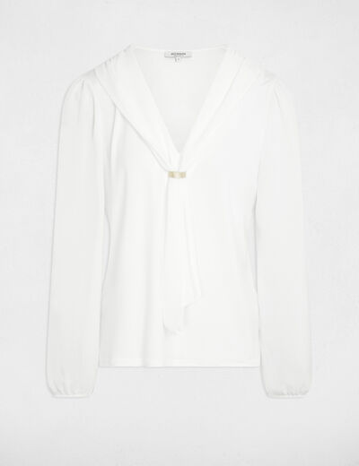 T-shirt voile col lavalli&egrave;re blanc femme