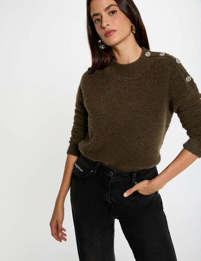 Pull col montant et boutons vert kaki femme