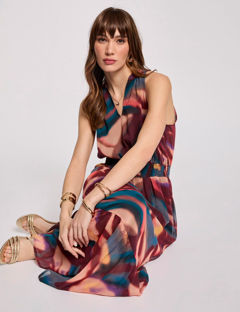 Robe longue droite imprimée multicolore femme