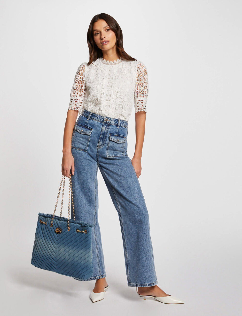 Blouse met korte kanten mouwen ivoor vrouw