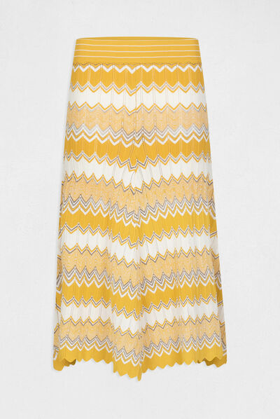 Jupe midi droite tricotée à rayures jaune femme
