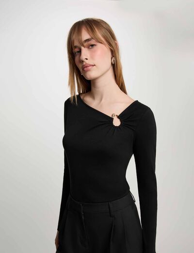 T-shirt d&eacute;collet&eacute; manches longues noir femme