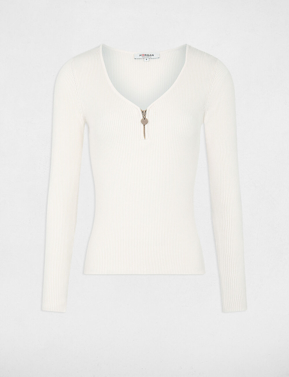 Geribbelde trui met lange mouwen ivoor vrouw