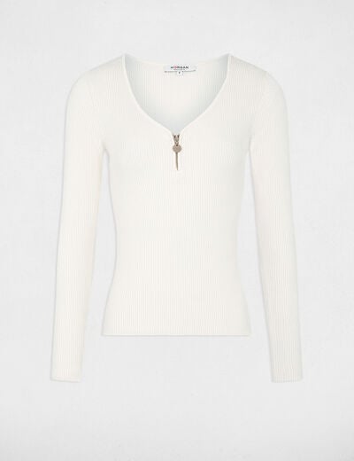 Pull manches longues côtelé détail zippé ivoire femme