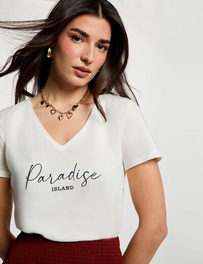 T-shirt col v manches courtes blanc femme