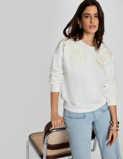 Pull maille brodée blanc femme
