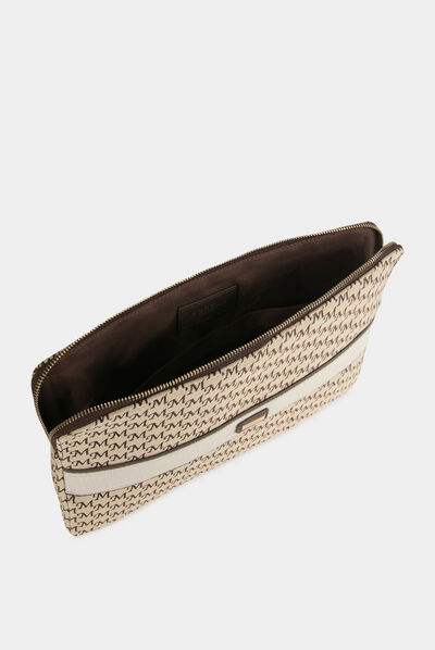 Pochette ordinateur imprimé monogramme beige femme