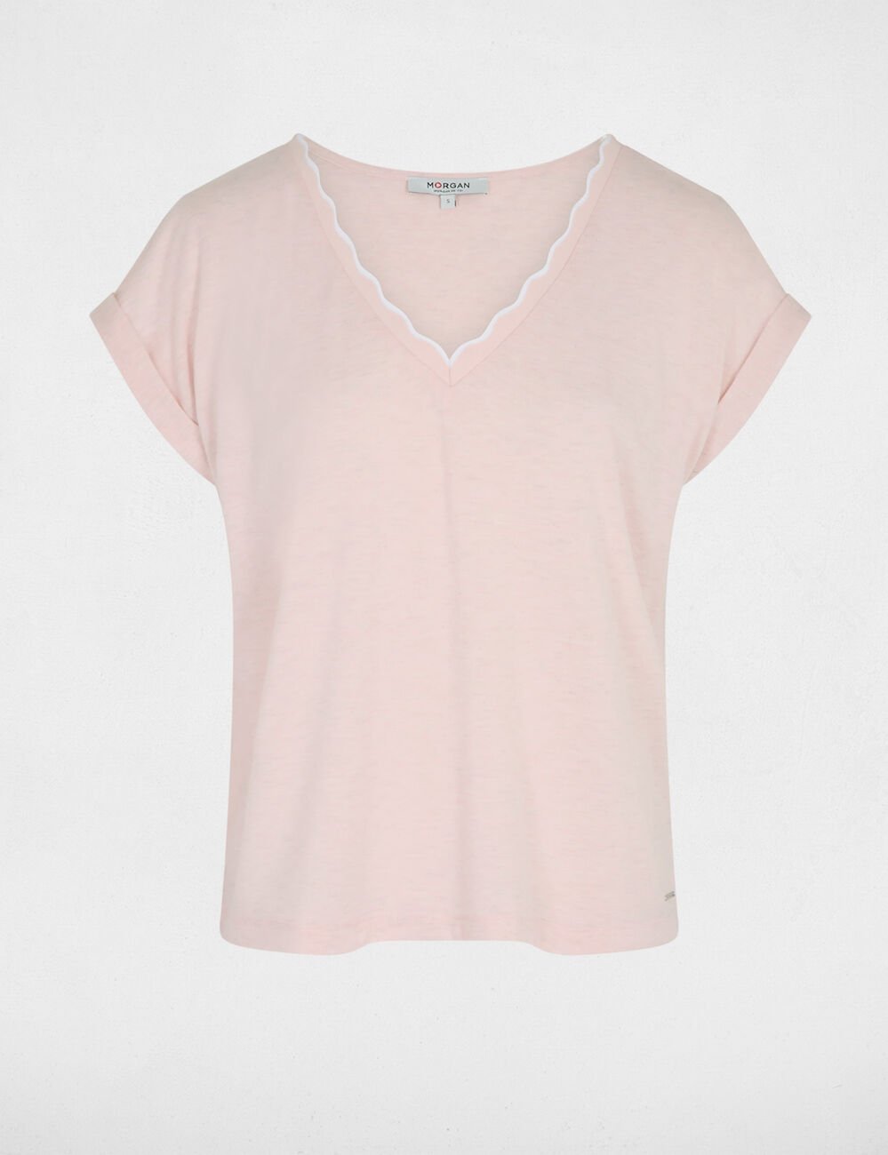 T-shirt col v manches courtes rose clair femme