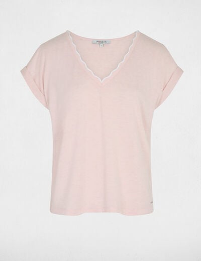 T-shirt col v manches courtes rose clair femme