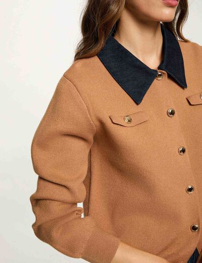 Gilet court col à revers beige femme