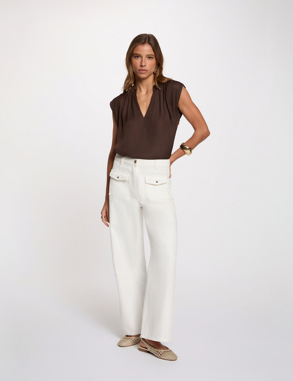 Blouse manches courtes satin marron fonc&eacute; femme