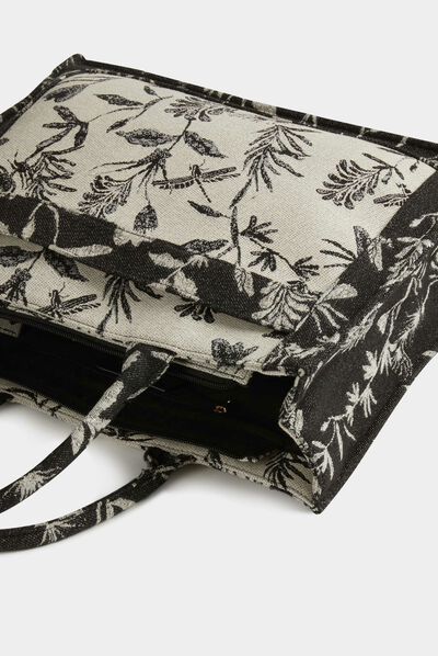 Sac cabas imprimé végétal noir femme