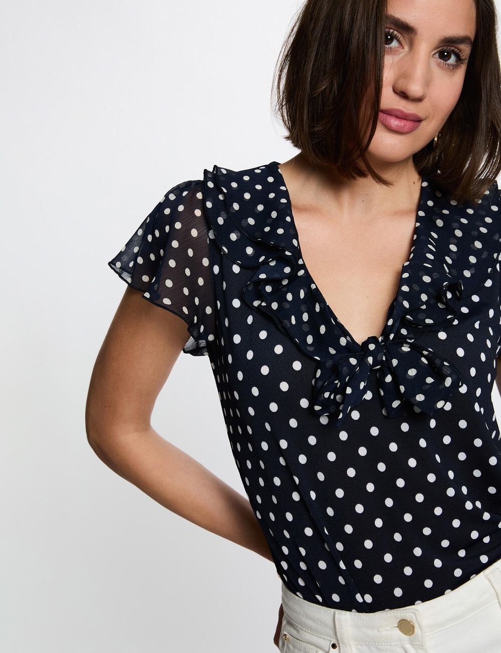 T-shirt voile col v bleu marine femme