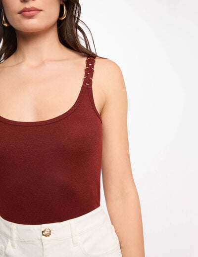 T-shirt cintr&eacute; col rond marron cognac femme