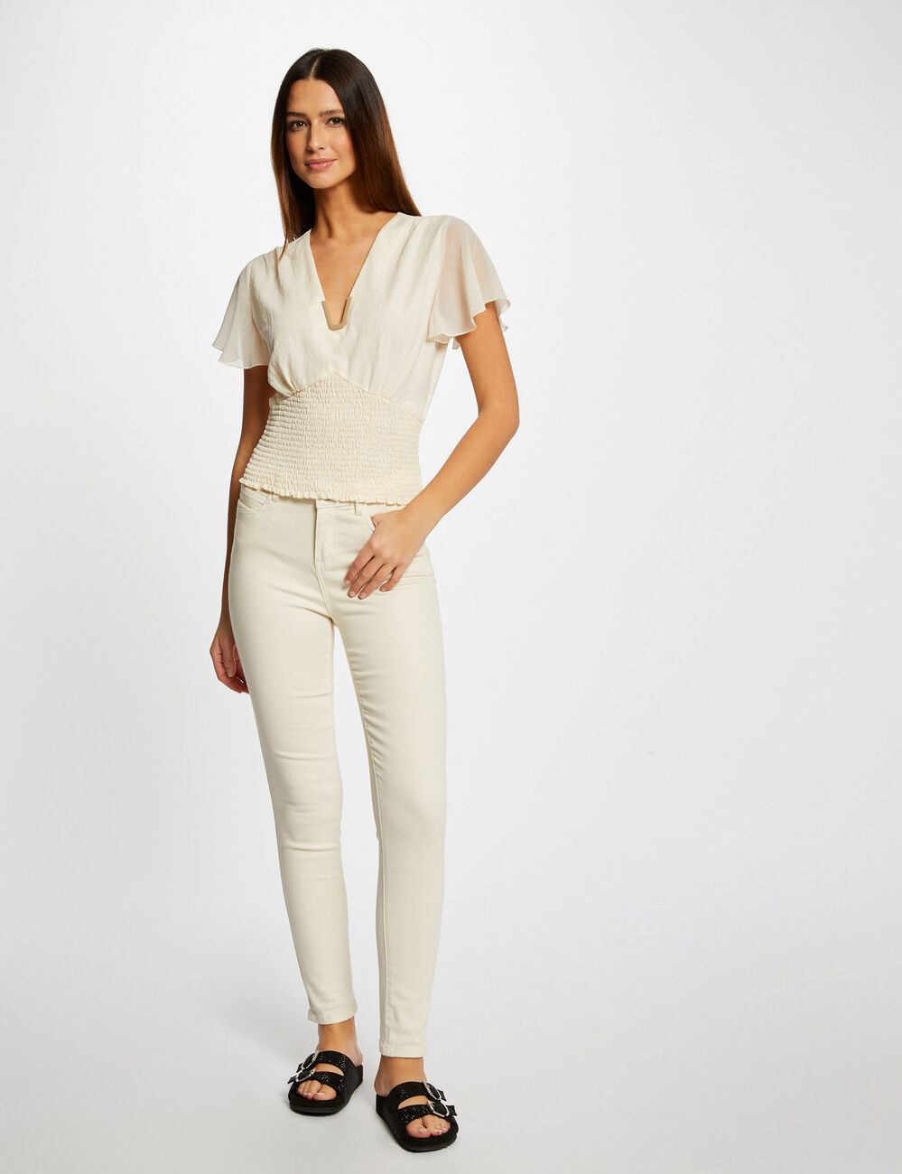 T-shirt manches courtes smocké ecru moyen femme