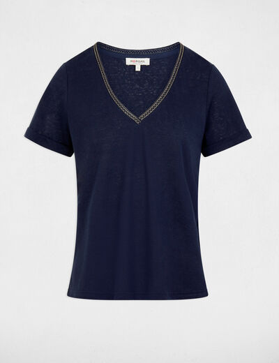 T-shirt met parels en V-hals marineblauw vrouw