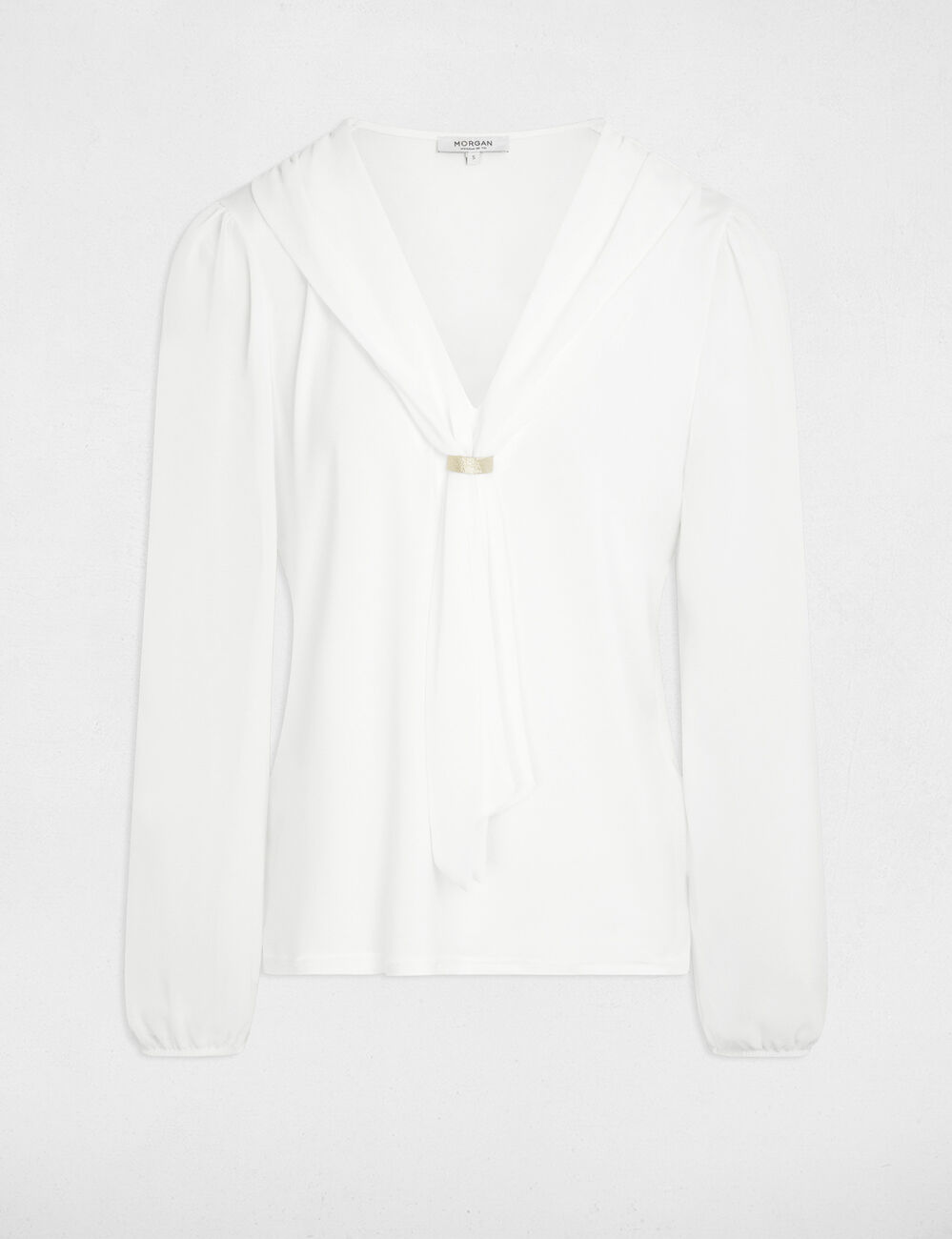 T-shirt voile col lavalli&egrave;re blanc femme