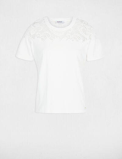 T-shirt dentelle manches courtes blanc femme