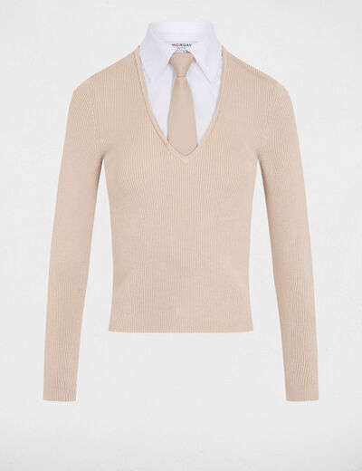 Pull 2-en-1 col à revers beige femme