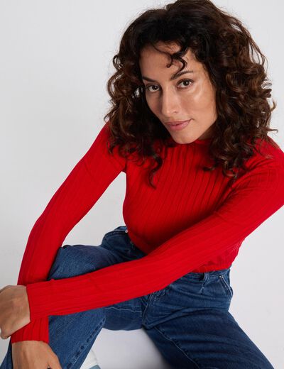 Pull col montant rouge femme