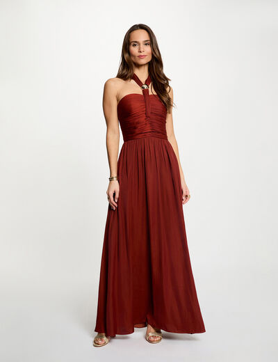 Robe longue col nou&eacute; marron cognac femme