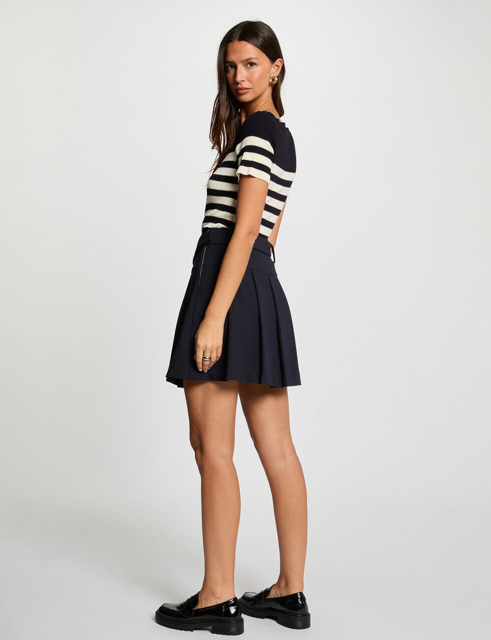 Pull col rond &agrave; rayures bleu marine femme