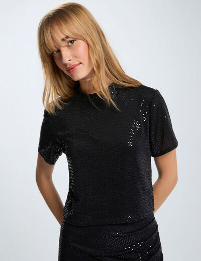 T-shirt sequins col montant noir femme