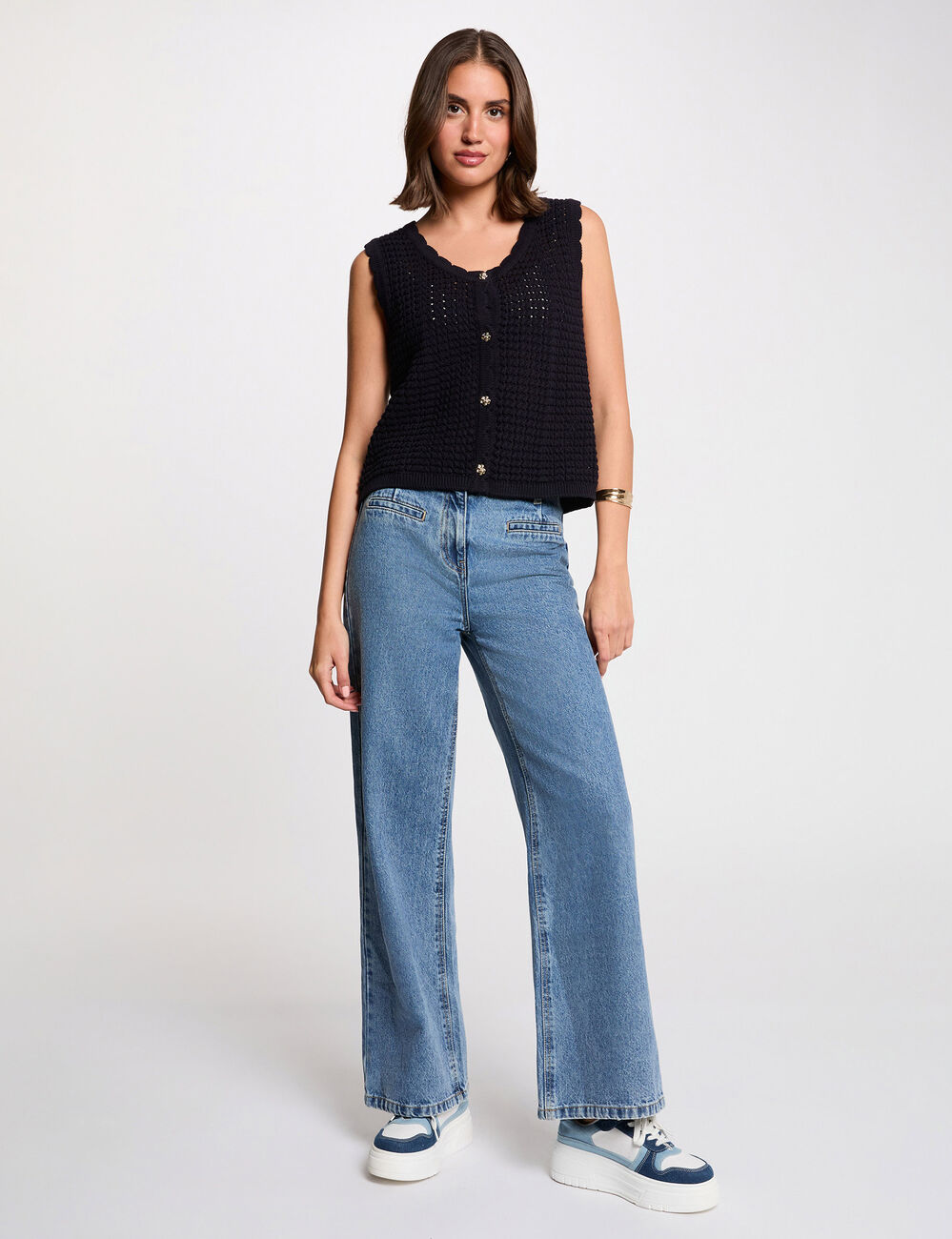 Gilet ajouré sans manches bleu marine femme