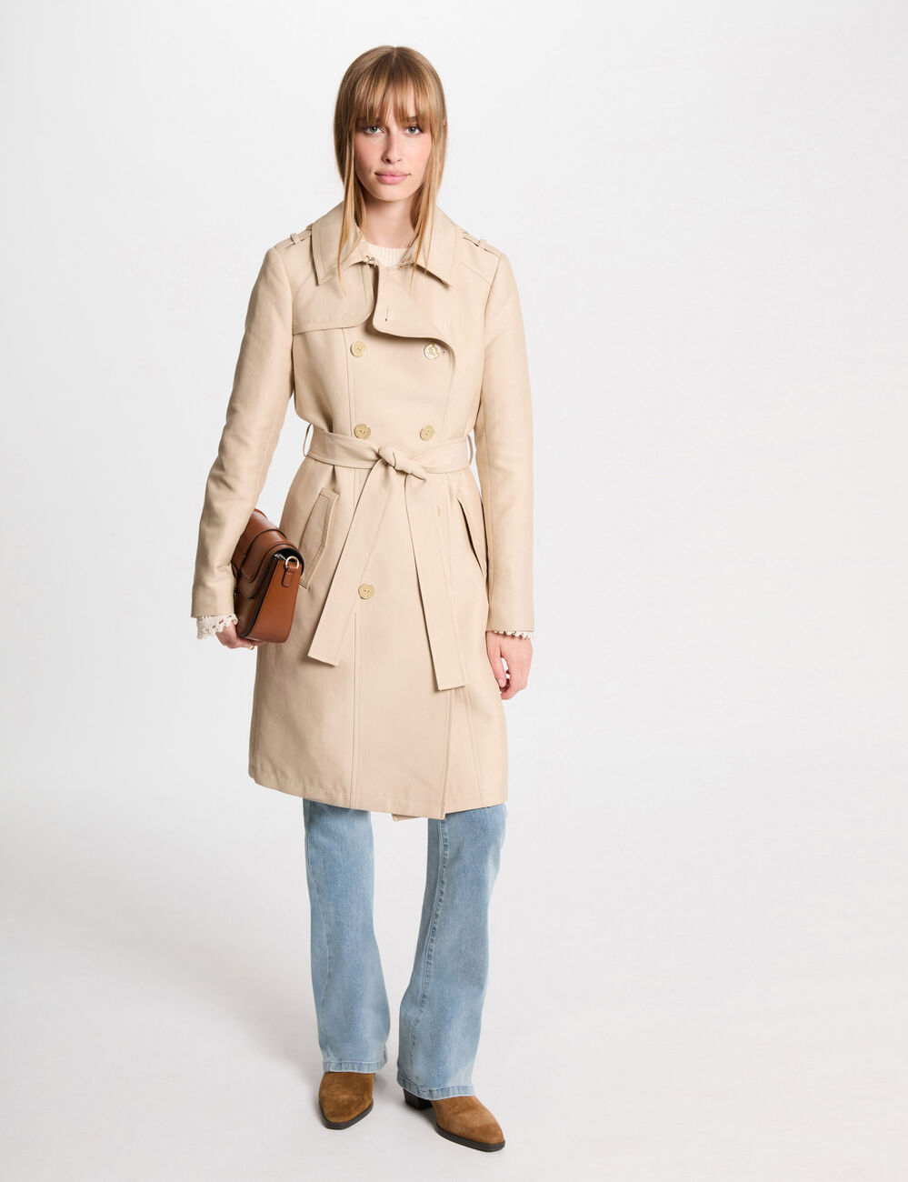 Lange trenchcoat met riem zand vrouw