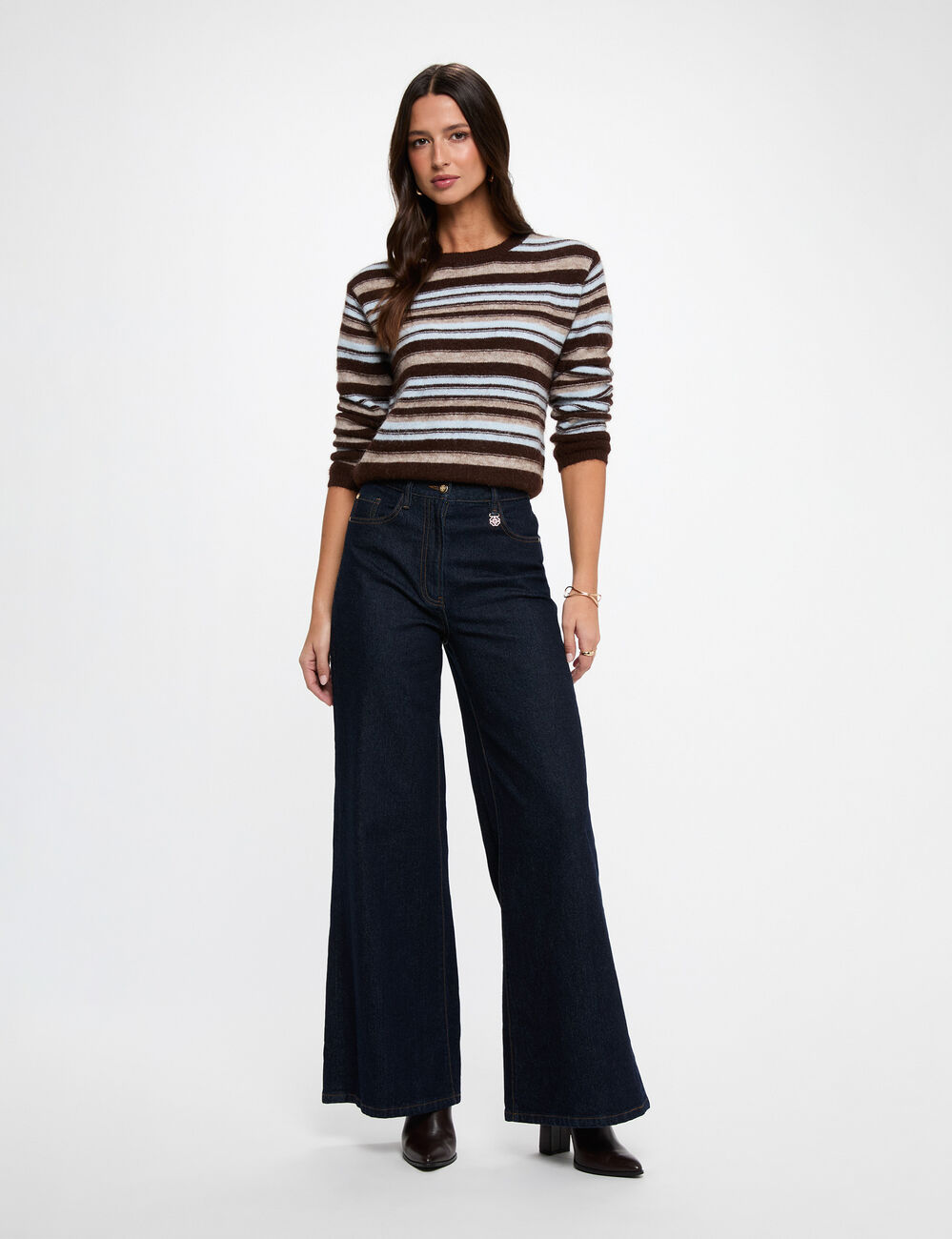 Pull ray&eacute; col rond beige femme