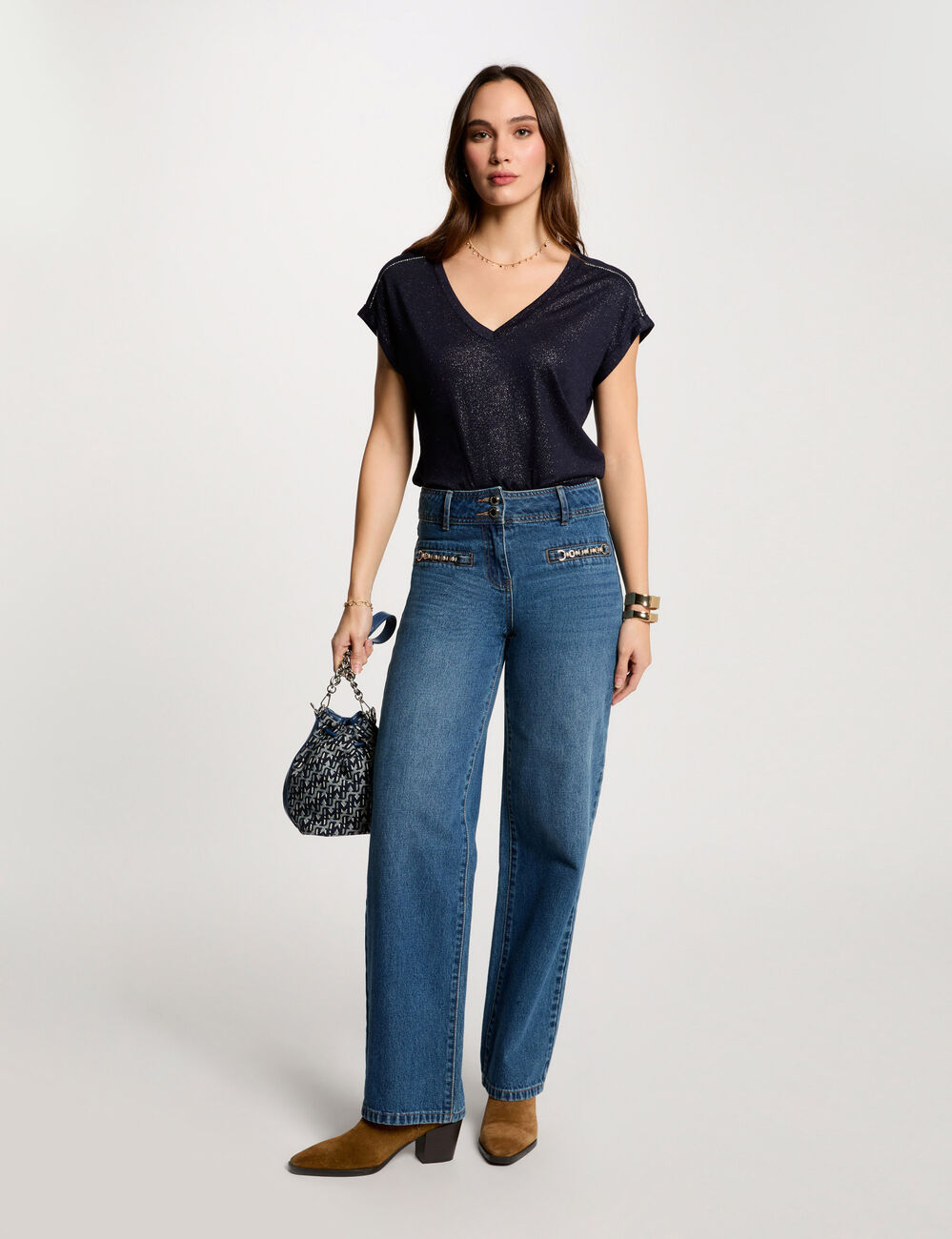 T-shirt met korte mouwen en strass marineblauw vrouw