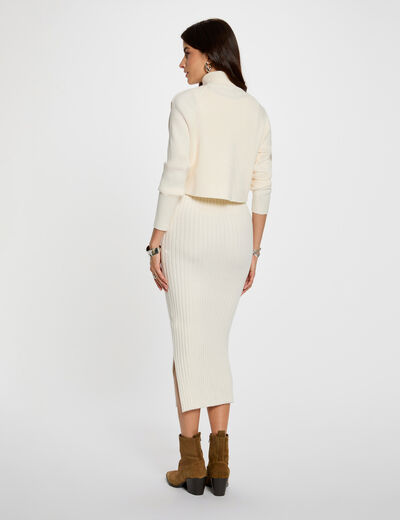 Robe tricot col roul&eacute; ivoire femme