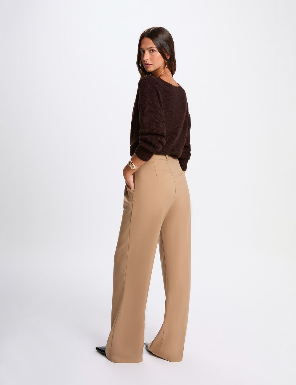 Pull col rond marron foncé femme