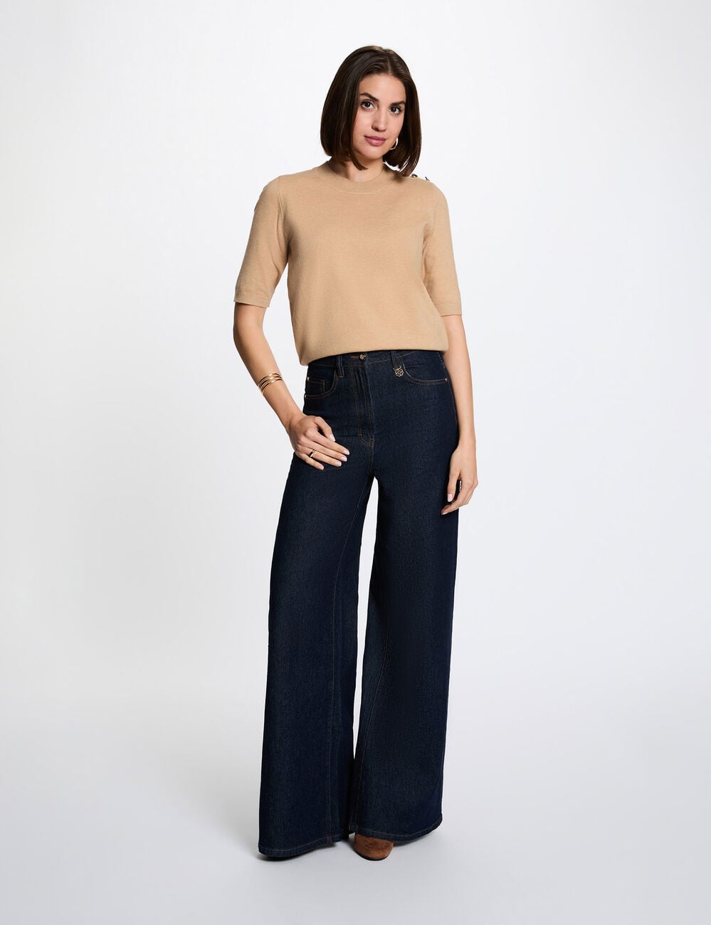 Trui ronde hals korte mouwen beige vrouw