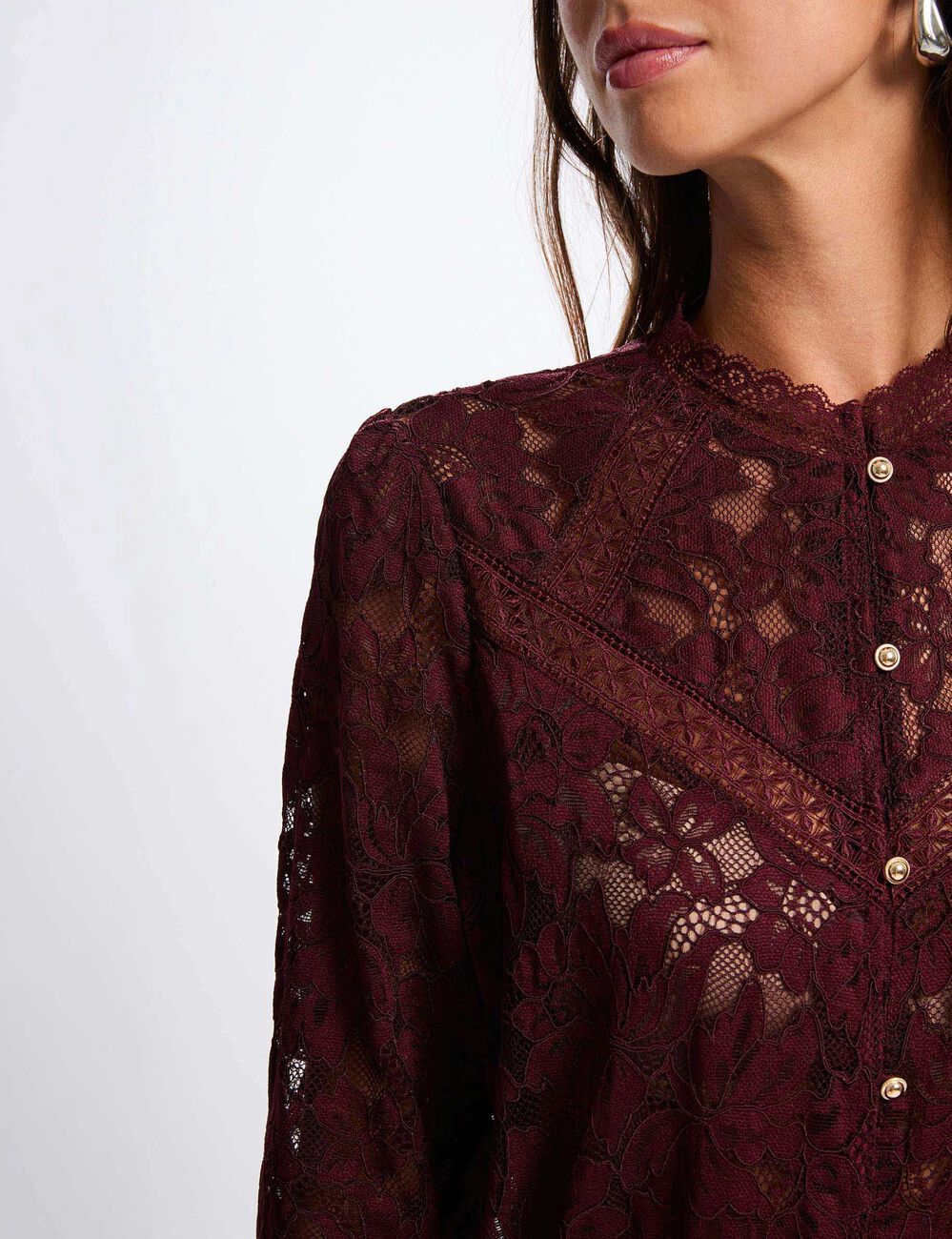 Kant T-shirt met hoge kraag pruim vrouw