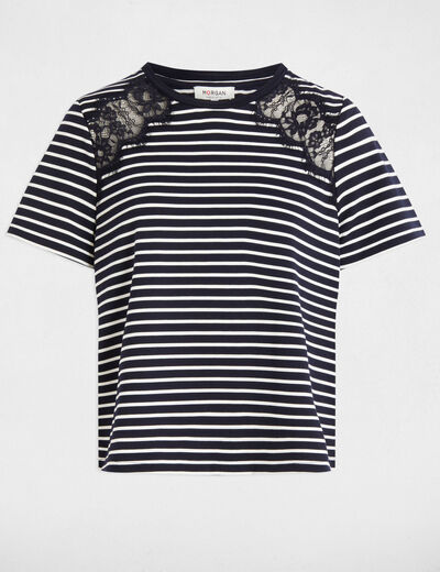 Gestreept T-shirt met korte mouwen marineblauw vrouw