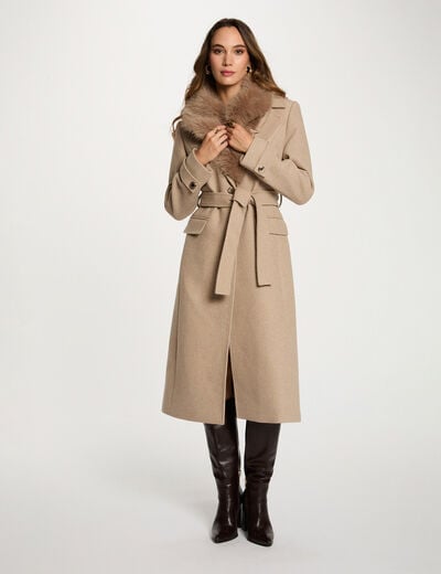 Manteau long ceinturé beige femme