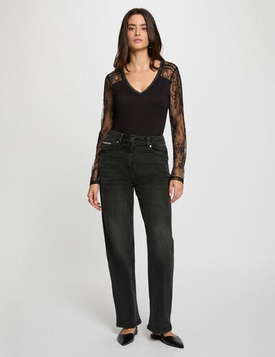 T-shirt dentelle col v noir femme
